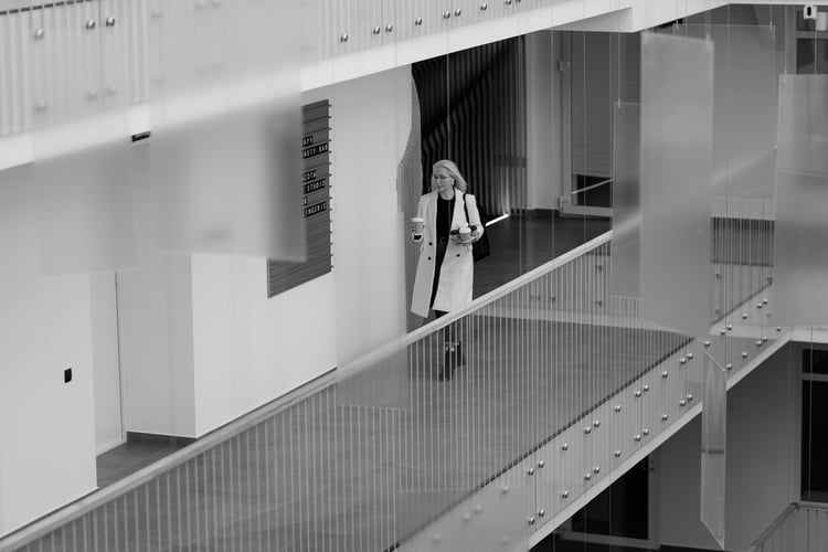 woman in futuristic office b&w
